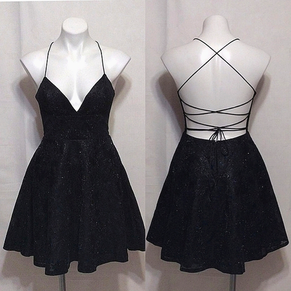 LUCCI LU Black Strappy Open Back Dress US 6 NWT Elegant Cocktail Evening Party
